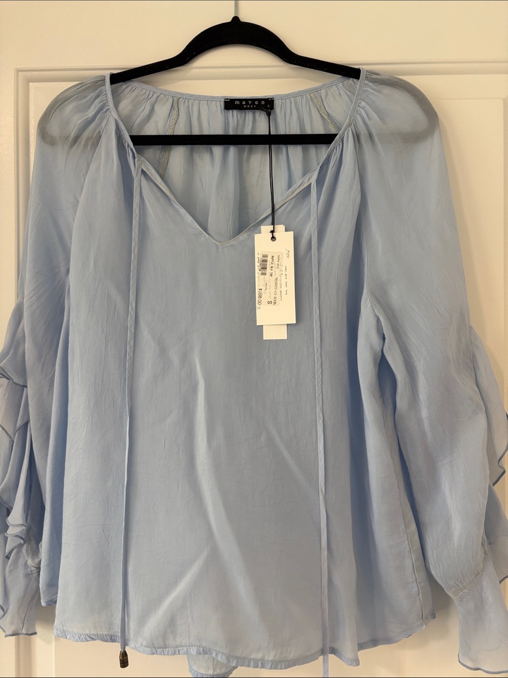 NWT Maven West Light Blue V-Neck Peasant Blouse With Ruffled Sleeves Size S